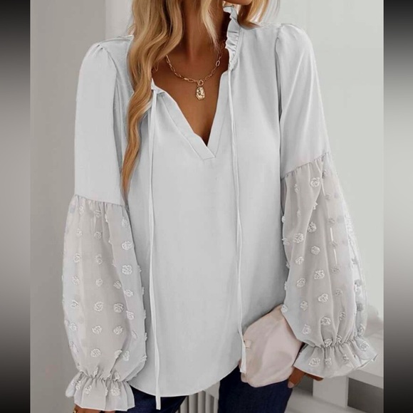 Boho white Swiss dot sleeve tie neck blouse - Picture 6 of 6